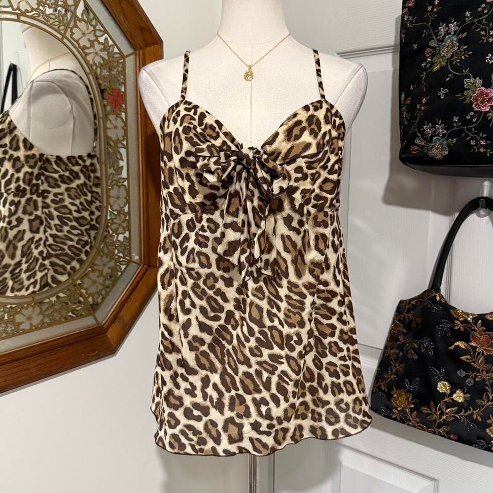 VTG Y2K Brown 100% Cotton Sheer Leopard Print Tie Front Lightweight Cami Top - Picture 3 of 8